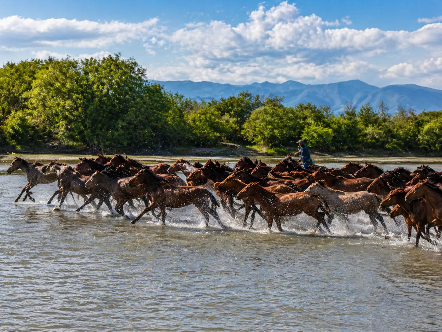 大群马匹穿过阳光下的河谷浅滩